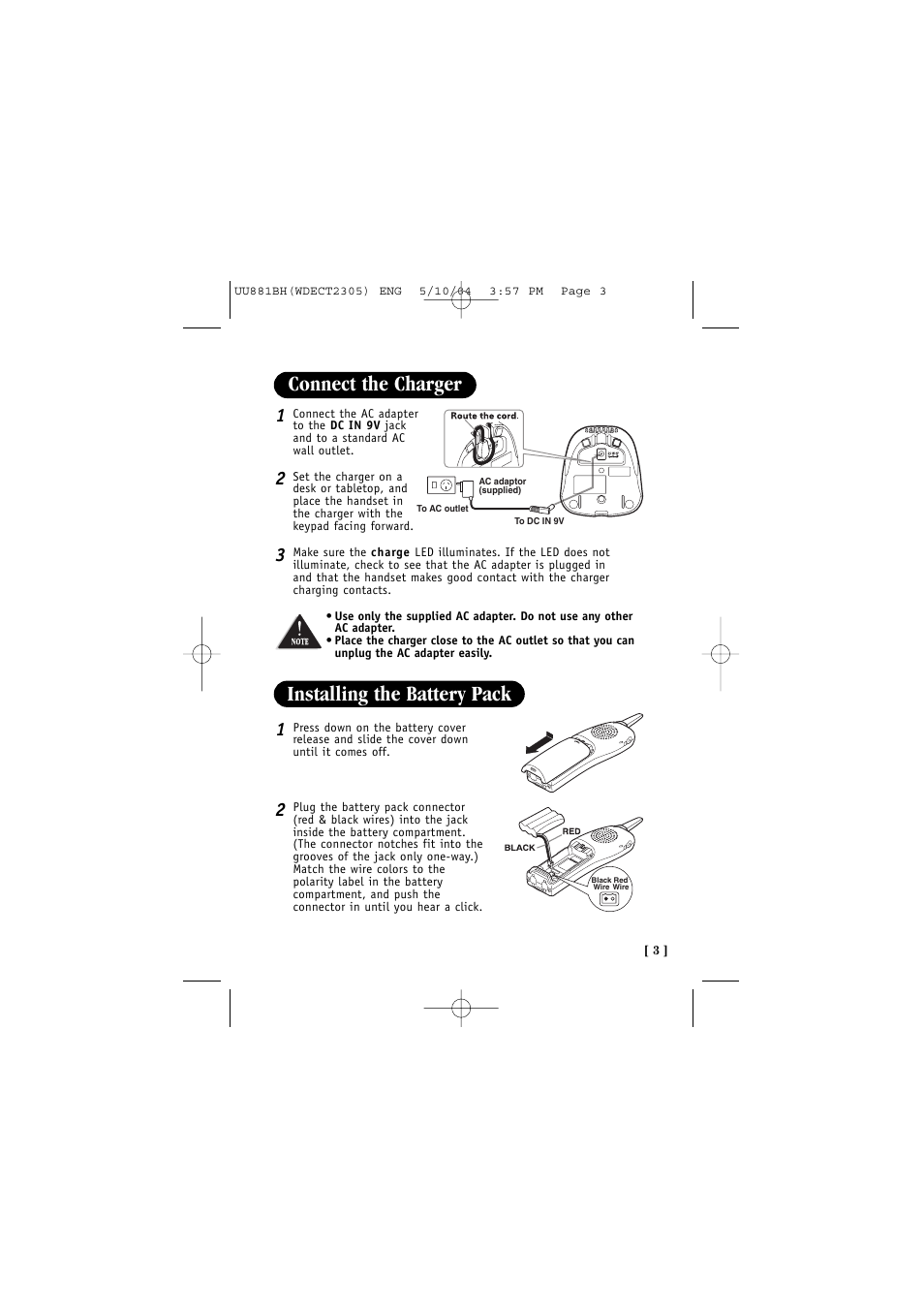 Installing the battery pack, Connect the charger | Uniden 2305 User Manual | Page 4 / 8