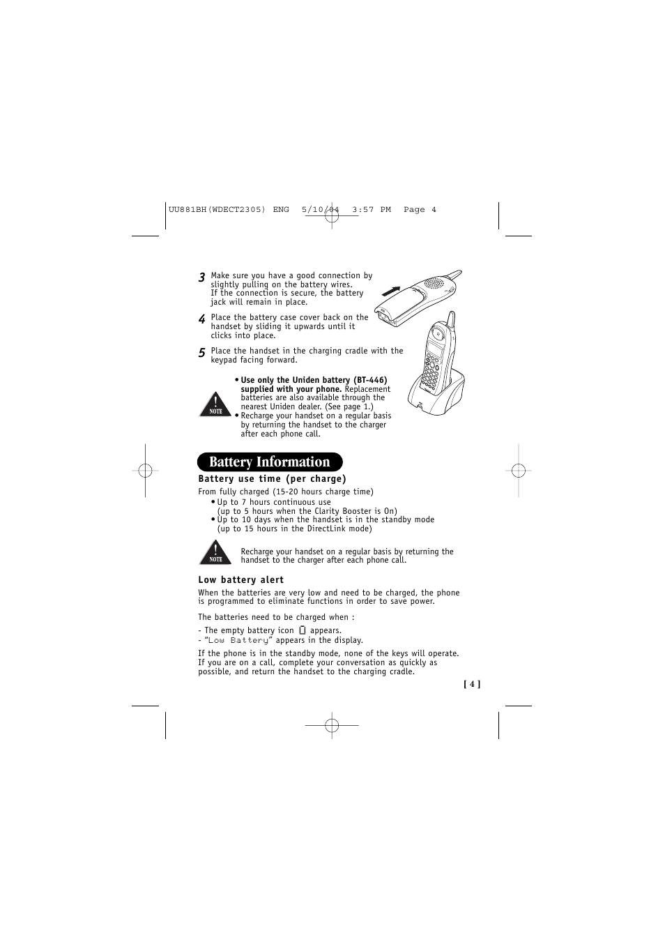 Battery information | Uniden 2305 User Manual | Page 5 / 8