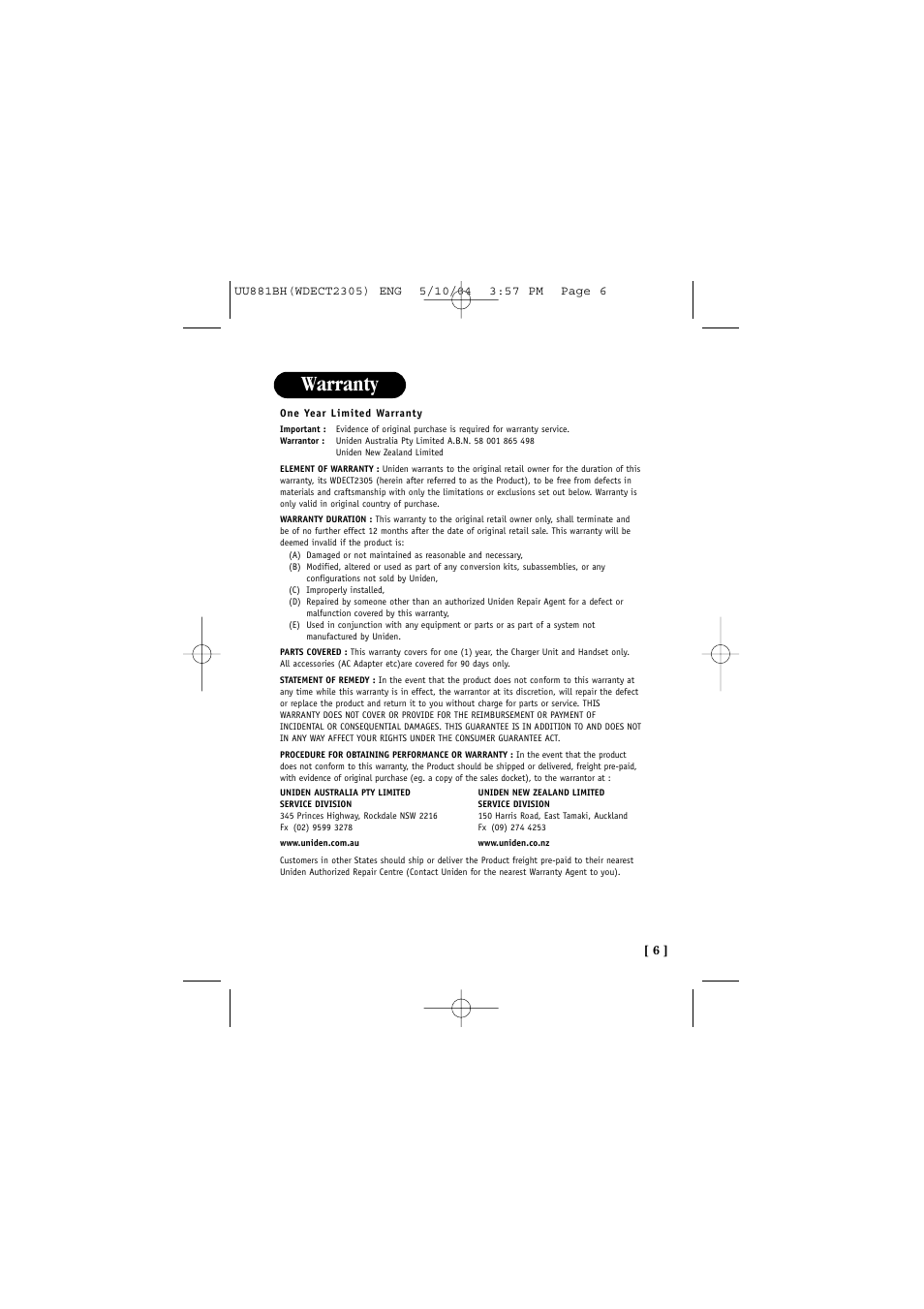 Warranty | Uniden 2305 User Manual | Page 7 / 8