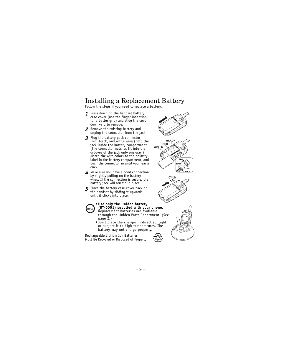 Installing a replacement battery | Uniden DCX 770 User Manual | Page 9 / 12