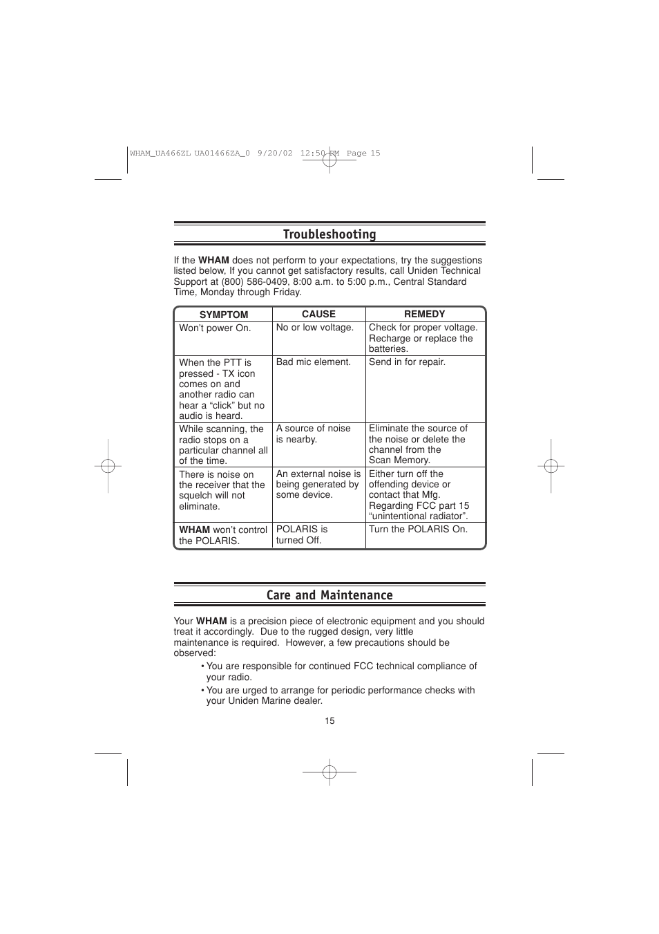 Care and maintenance, Troubleshooting | Uniden UA466ZL User Manual | Page 17 / 20