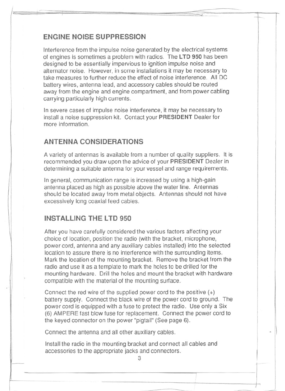 Engine noise suppression, Antenna considerations, Installing the ltd 950 | Ltd 950, President | Uniden PRESIDENT LTD 950 User Manual | Page 5 / 33