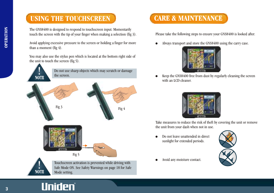 Using the touchscreen, Care & maintenance | Uniden GNS8400 User Manual | Page 10 / 46