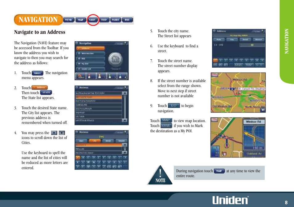 Navigation, Navigate to an address | Uniden GNS8400 User Manual | Page 15 / 46