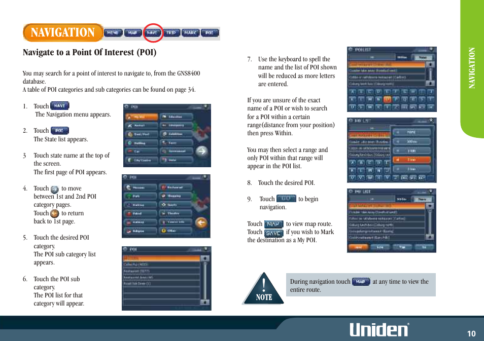 Navigation, Navigate to a point of interest (poi) | Uniden GNS8400 User Manual | Page 17 / 46