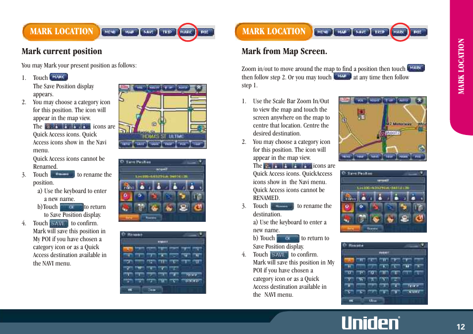 Mark location, Mark current position, Mark from map screen | Uniden GNS8400 User Manual | Page 19 / 46
