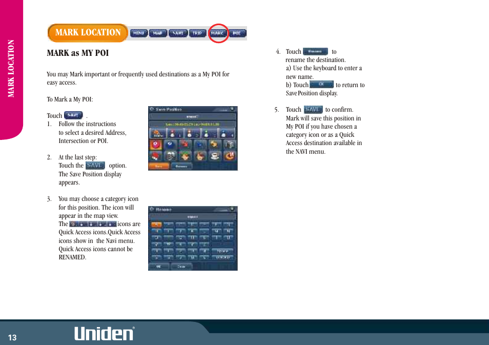 Mark location, Mark as my poi | Uniden GNS8400 User Manual | Page 20 / 46