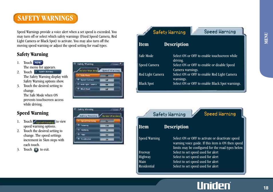 Safety warnings, Safety warning, Speed warning | Item description | Uniden GNS8400 User Manual | Page 25 / 46