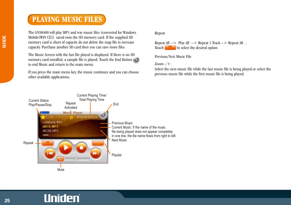 Playing music files, Mode | Uniden GNS8400 User Manual | Page 32 / 46