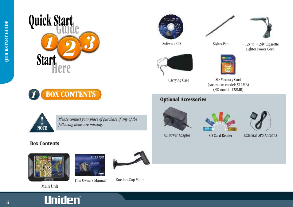 Quick start, Start, Guide | Here | Uniden GNS8400 User Manual | Page 4 / 46
