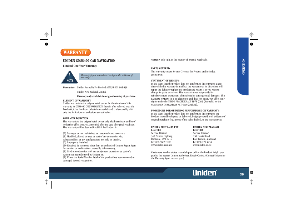 Warranty, Uniden gns8400 car navigation | Uniden GNS8400 User Manual | Page 43 / 46