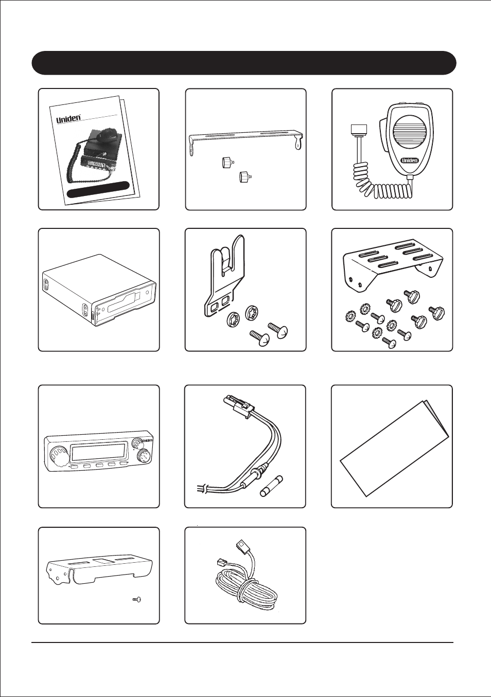 Included with your uh013, Uh013 owners manual, Uniden model uh013 uhf cb radio | Uniden UH013 User Manual | Page 6 / 19