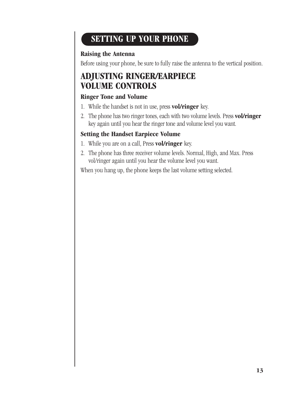 Adjusting ringer/earpiece volume controls, Setting up your phone | Uniden XS610 User Manual | Page 15 / 24