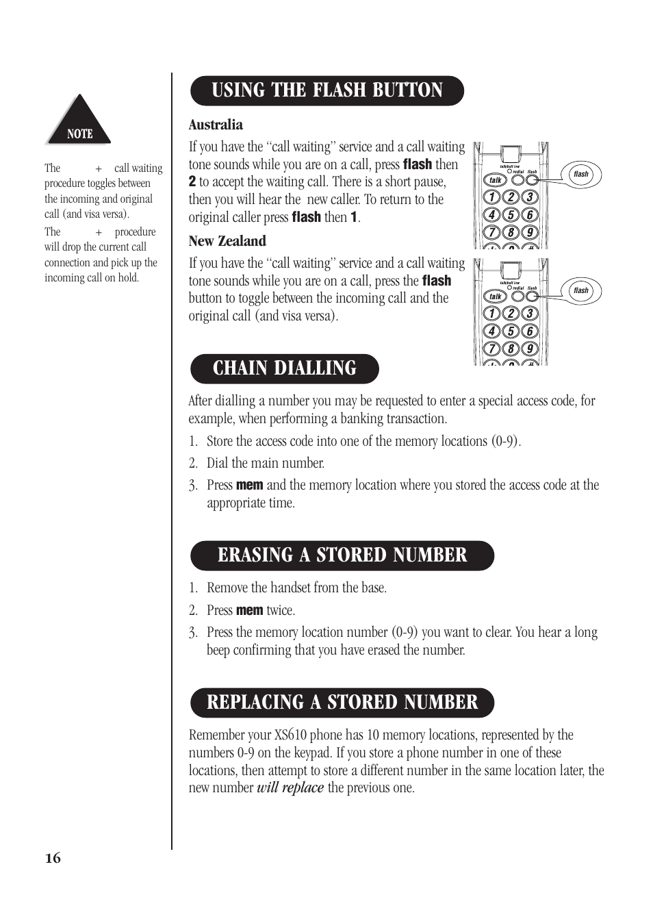 Using the flash button | Uniden XS610 User Manual | Page 18 / 24