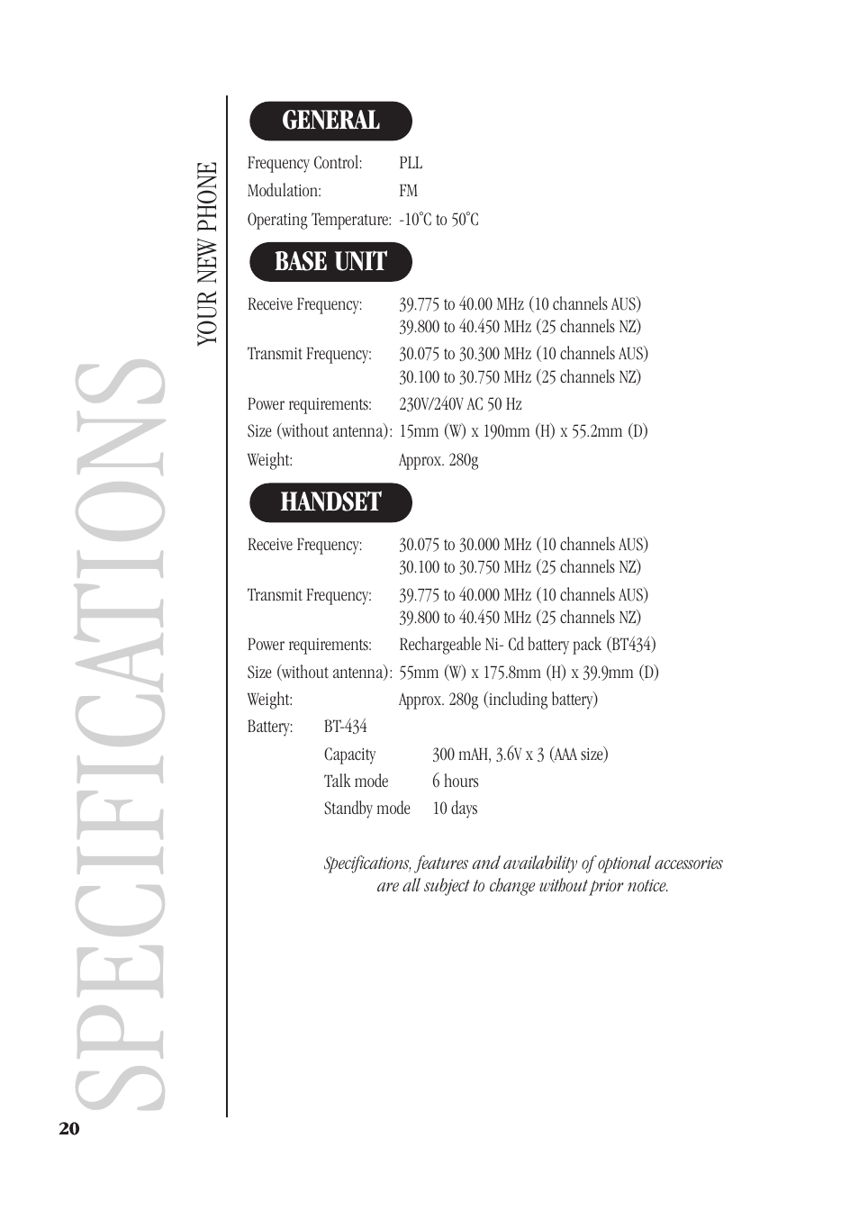 Specifica tions | Uniden XS610 User Manual | Page 22 / 24