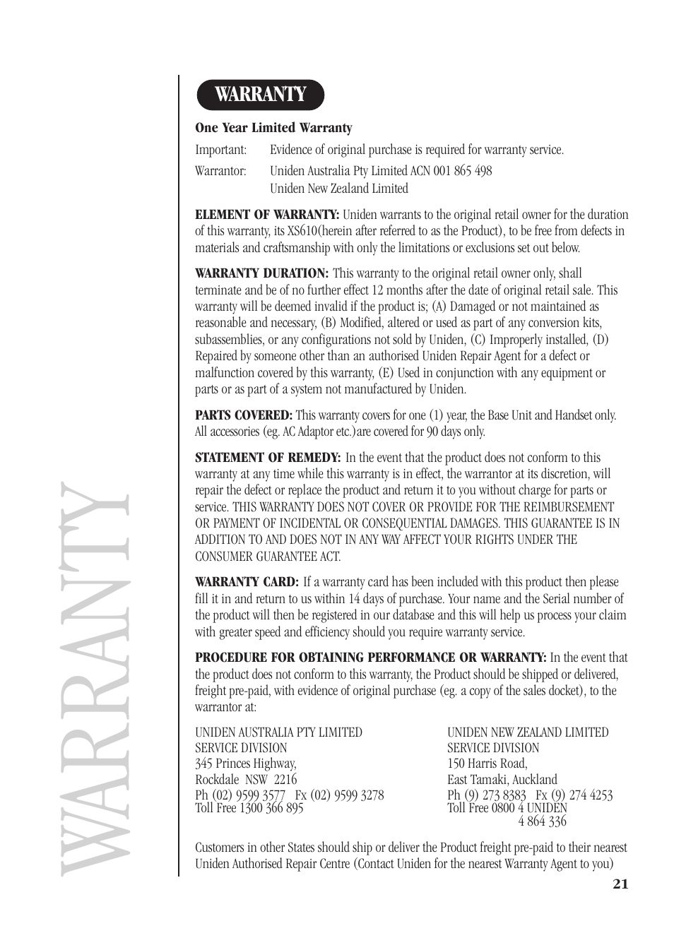 Warranty | Uniden XS610 User Manual | Page 23 / 24