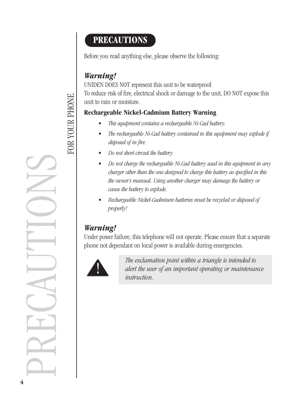 Precautions | Uniden XS610 User Manual | Page 6 / 24