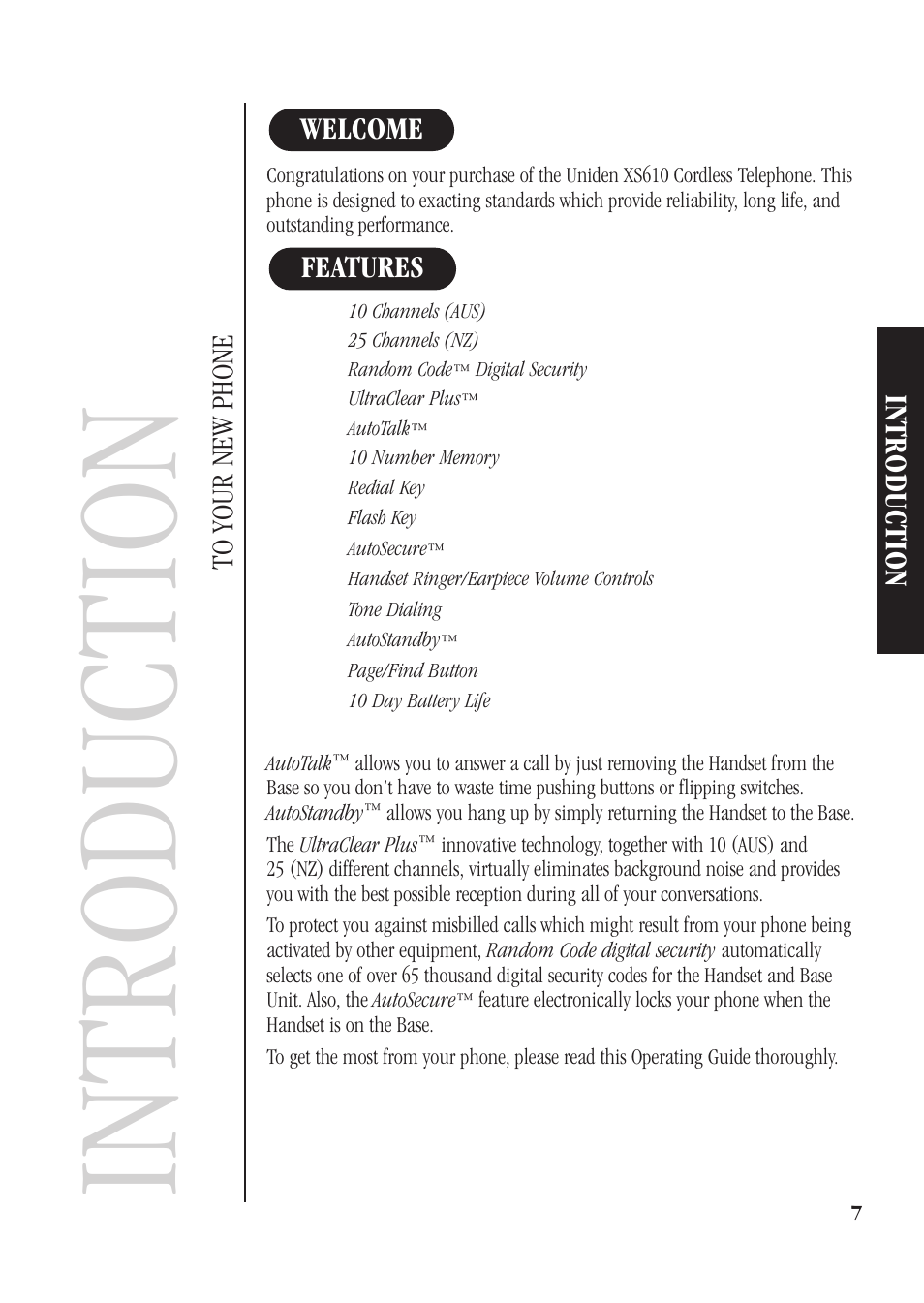 Introduction, Features welcome to your new phone introduction | Uniden XS610 User Manual | Page 9 / 24