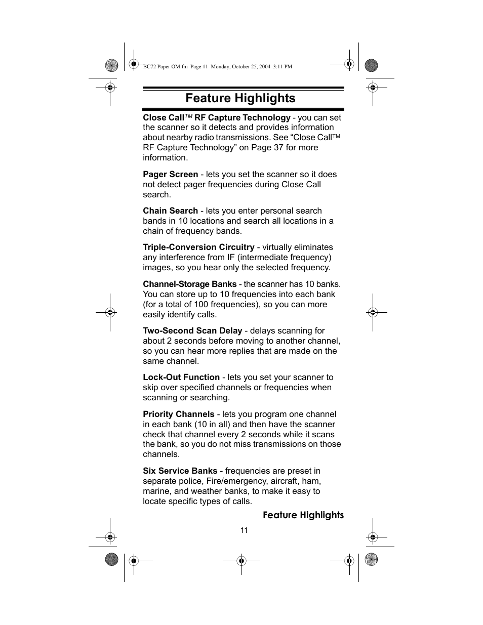 Feature highlights | Racing Electronics BC72XLT User Manual | Page 11 / 62