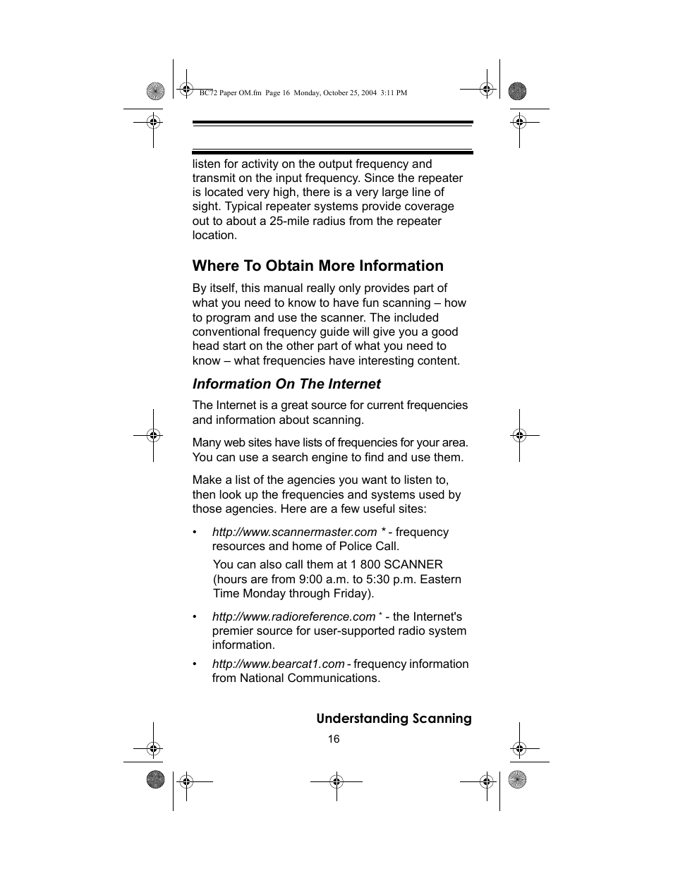Where to obtain more information | Racing Electronics BC72XLT User Manual | Page 16 / 62