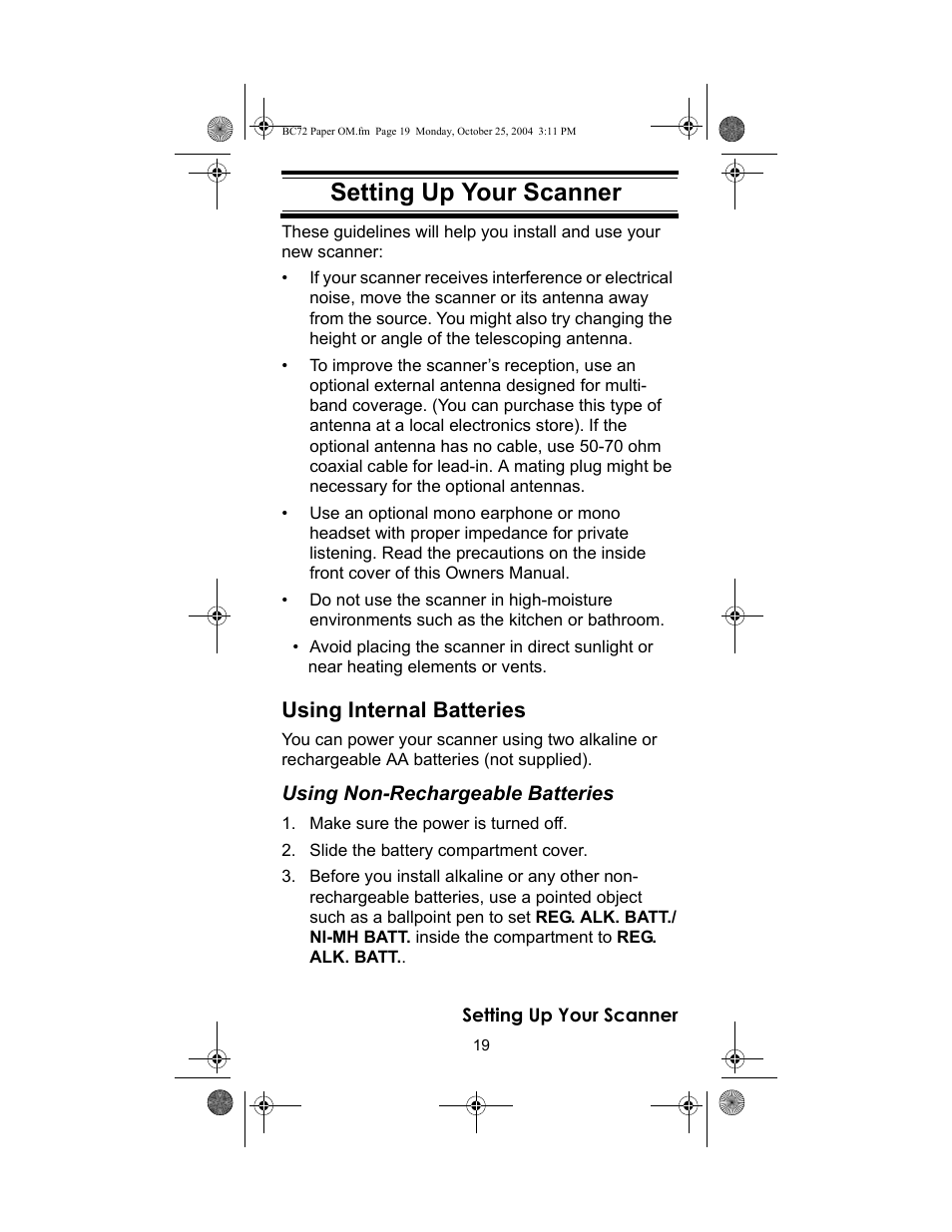 Setting up your scanner, Using internal batteries | Racing Electronics BC72XLT User Manual | Page 19 / 62