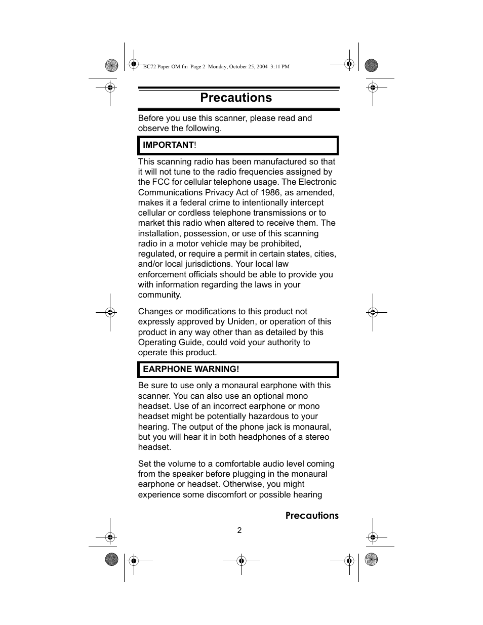 Precautions | Racing Electronics BC72XLT User Manual | Page 2 / 62