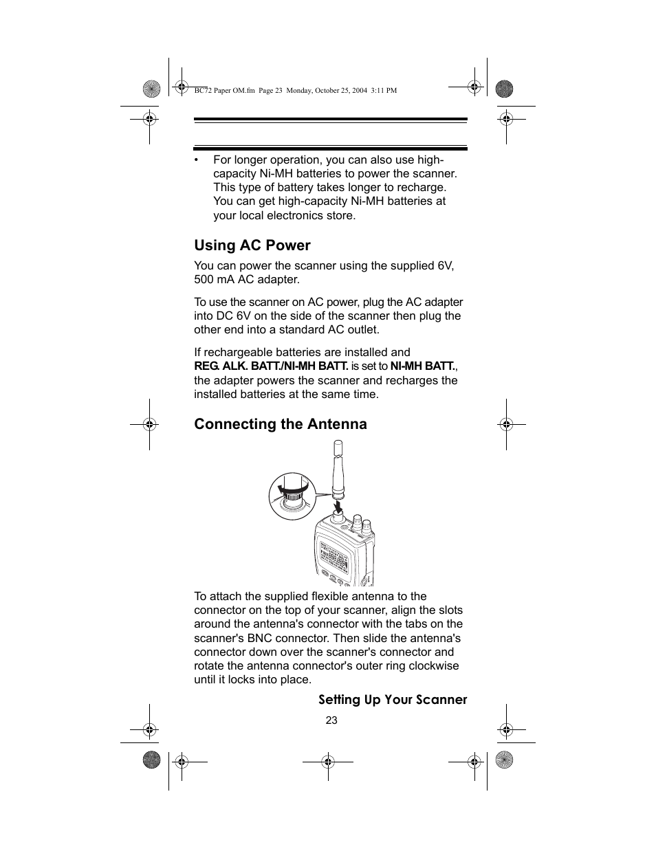 Using ac power, Connecting the antenna | Racing Electronics BC72XLT User Manual | Page 23 / 62