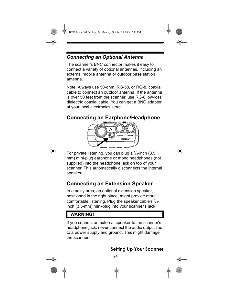 Connecting an earphone/headphone, Connecting an extension speaker, Connecting an optional antenna | Racing Electronics BC72XLT User Manual | Page 24 / 62