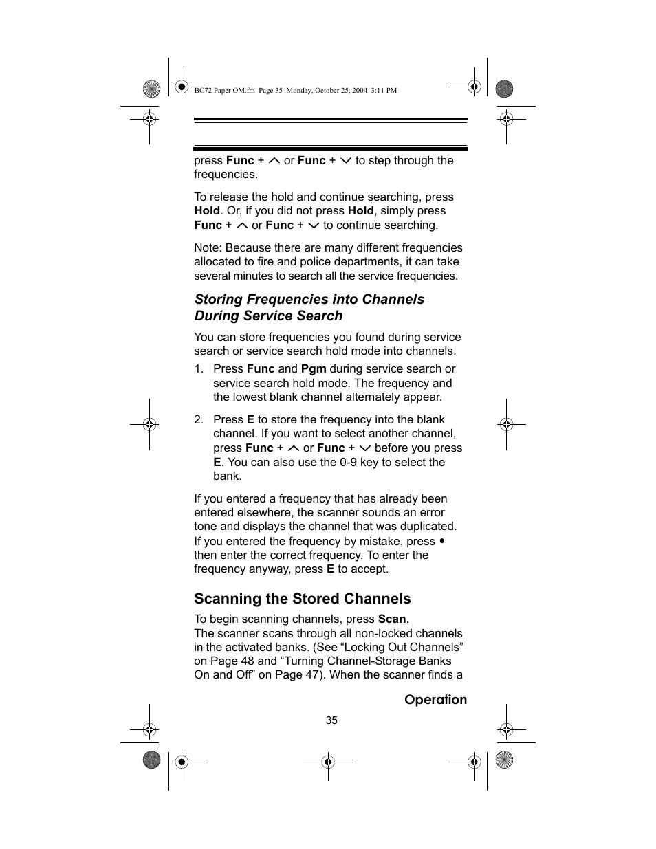 Scanning the stored channels | Racing Electronics BC72XLT User Manual | Page 35 / 62
