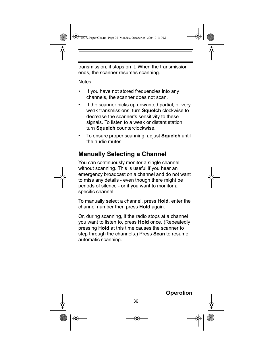 Manually selecting a channel | Racing Electronics BC72XLT User Manual | Page 36 / 62