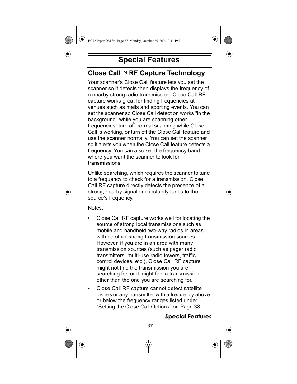 Special features, Special features close call, Rf capture technology | Racing Electronics BC72XLT User Manual | Page 37 / 62
