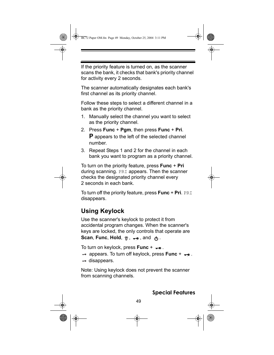 Using keylock | Racing Electronics BC72XLT User Manual | Page 49 / 62