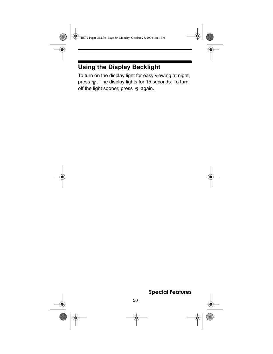 Using the display backlight | Racing Electronics BC72XLT User Manual | Page 50 / 62