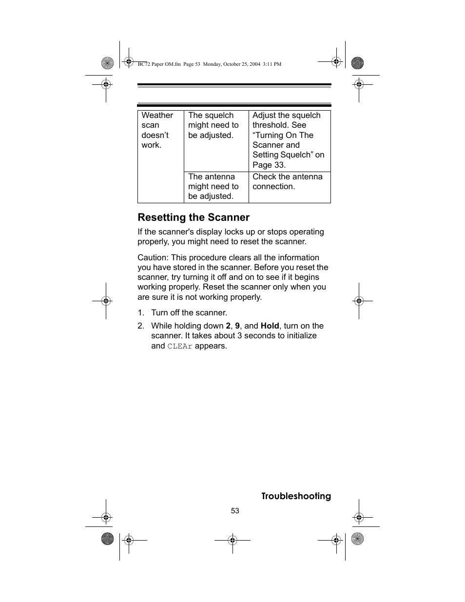 Resetting the scanner | Racing Electronics BC72XLT User Manual | Page 53 / 62