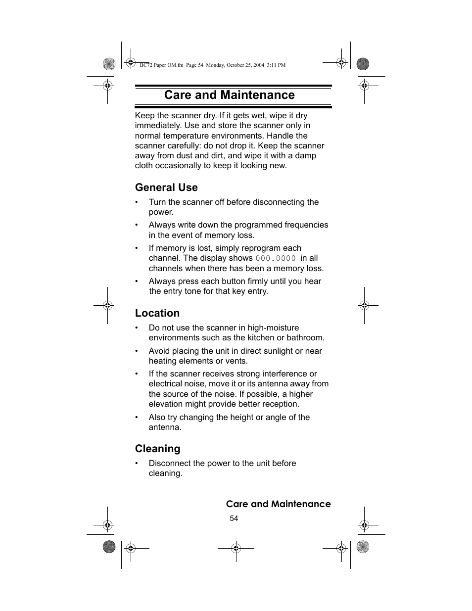 Care and maintenance, General use, Location | Cleaning | Racing Electronics BC72XLT User Manual | Page 54 / 62