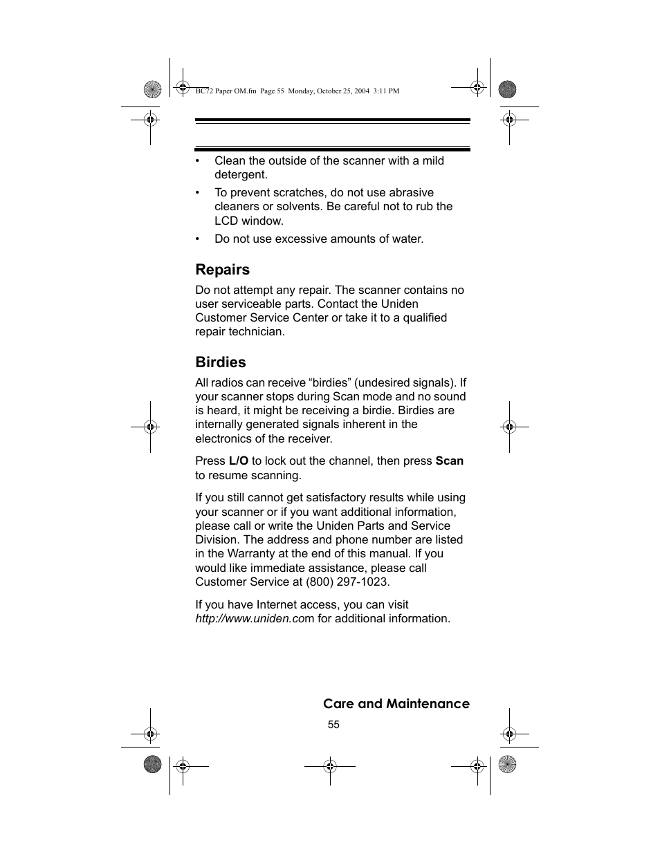 Repairs, Birdies | Racing Electronics BC72XLT User Manual | Page 55 / 62