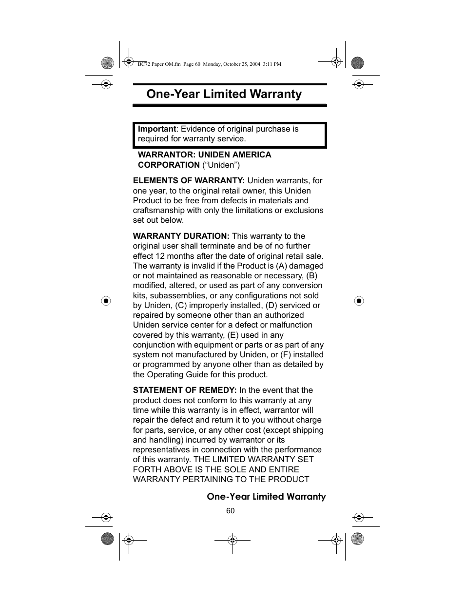 One-year limited war- ranty, One-year limited warranty | Racing Electronics BC72XLT User Manual | Page 60 / 62