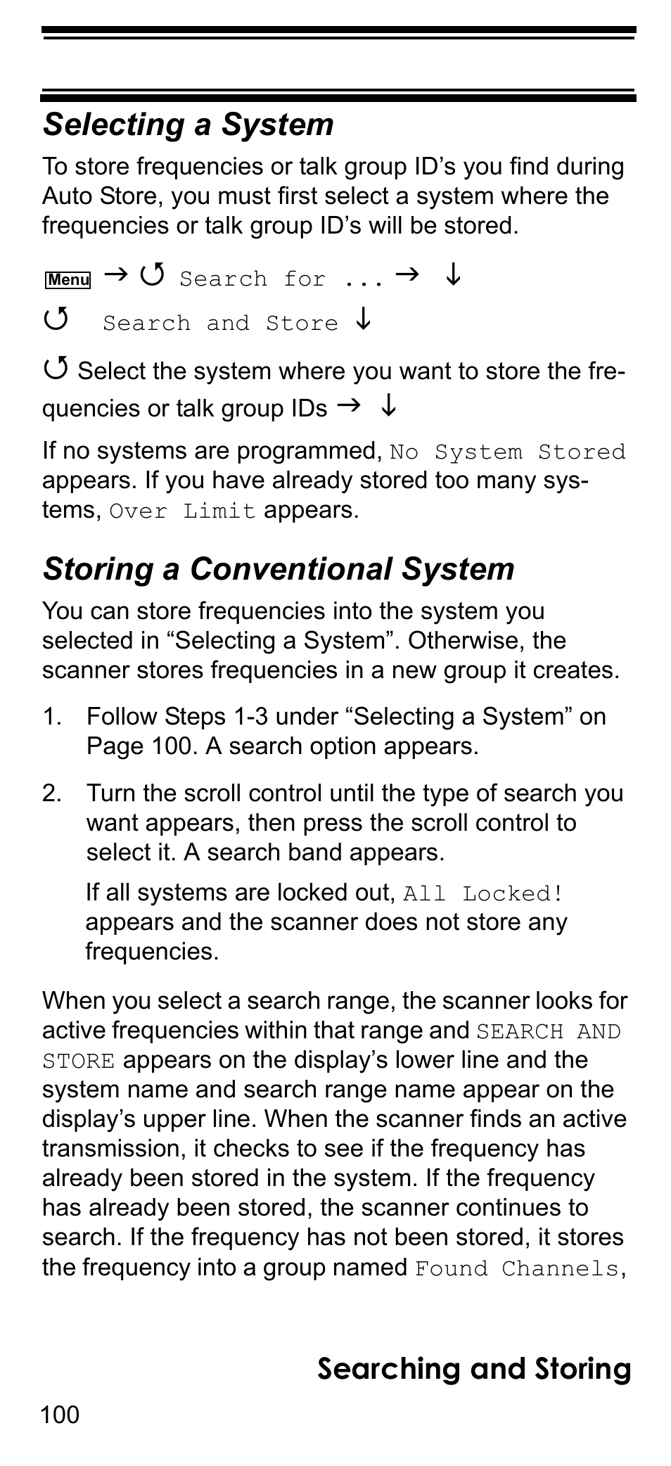 Selecting a system, Storing a conventional system, Searching and storing | Uniden BCD396T User Manual | Page 100 / 154