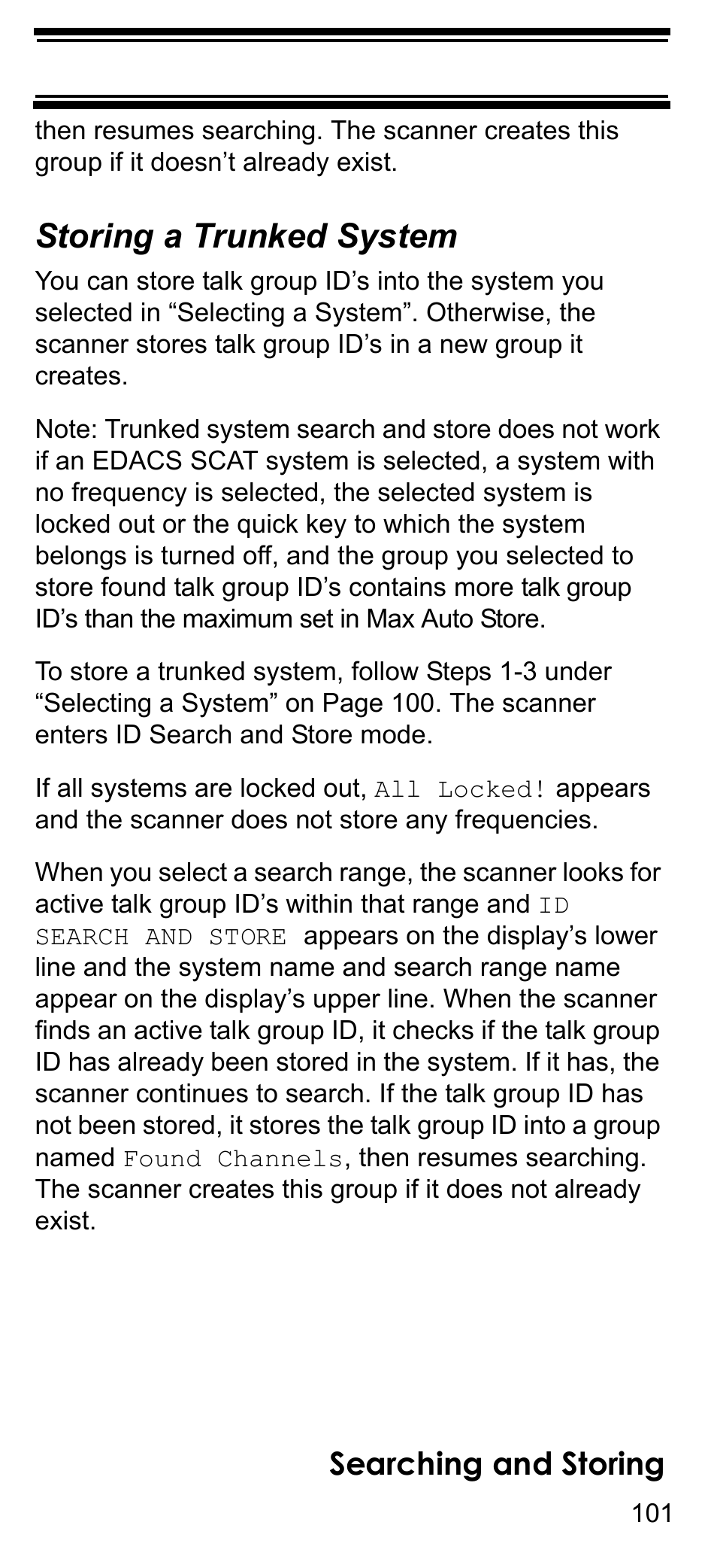 Storing a trunked system, Searching and storing | Uniden BCD396T User Manual | Page 101 / 154