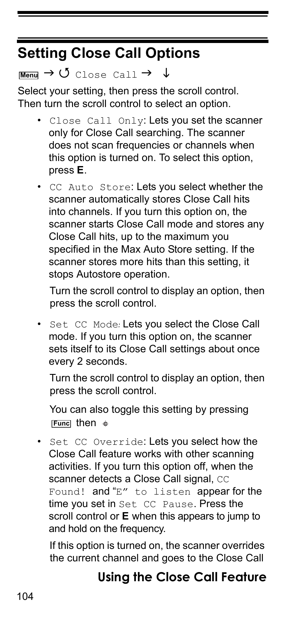 Setting close call options, Using the close call feature | Uniden BCD396T User Manual | Page 104 / 154