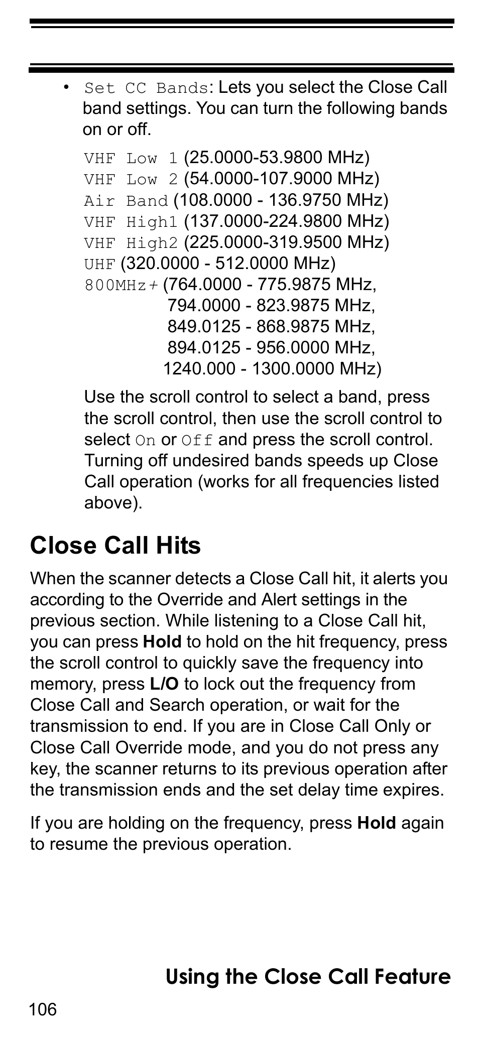 Close call hits, Using the close call feature | Uniden BCD396T User Manual | Page 106 / 154