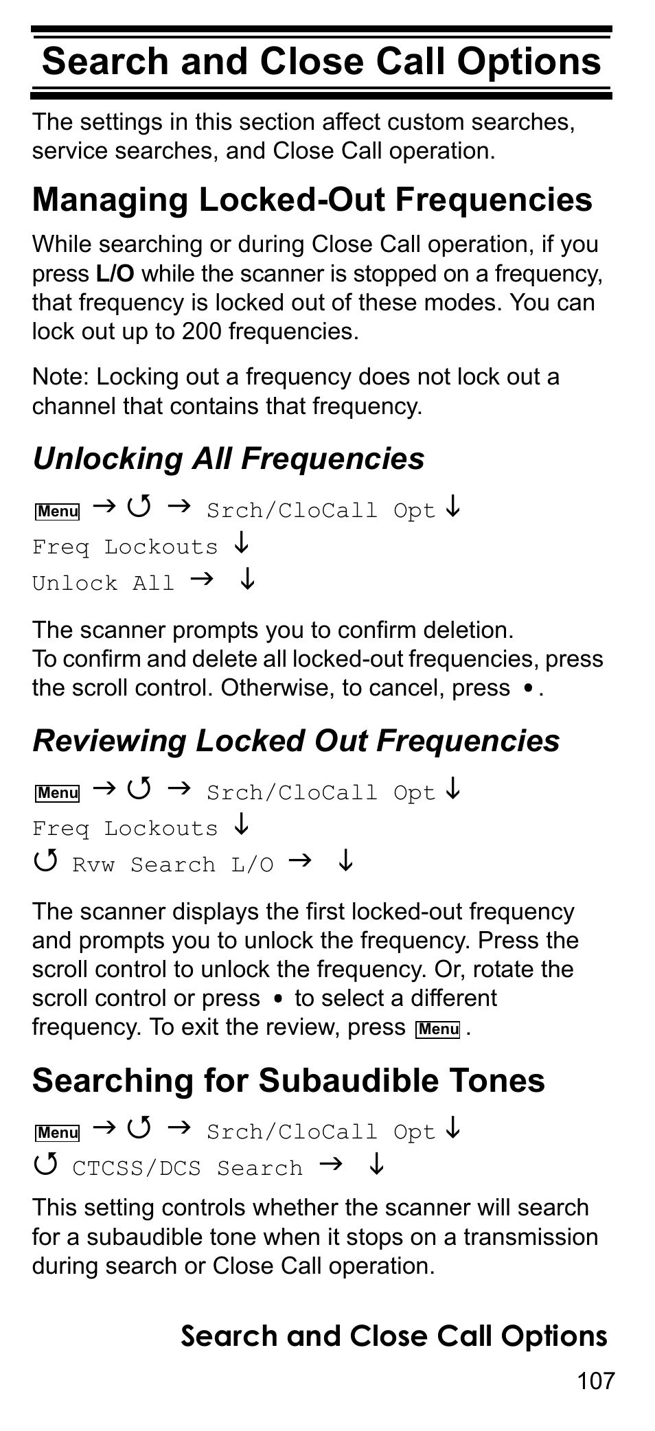 Search and close call options, Managing locked-out frequencies, Unlocking all frequencies | Reviewing locked out frequencies, Searching for subaudible tones, Reviewing locked out frequencies” on | Uniden BCD396T User Manual | Page 107 / 154