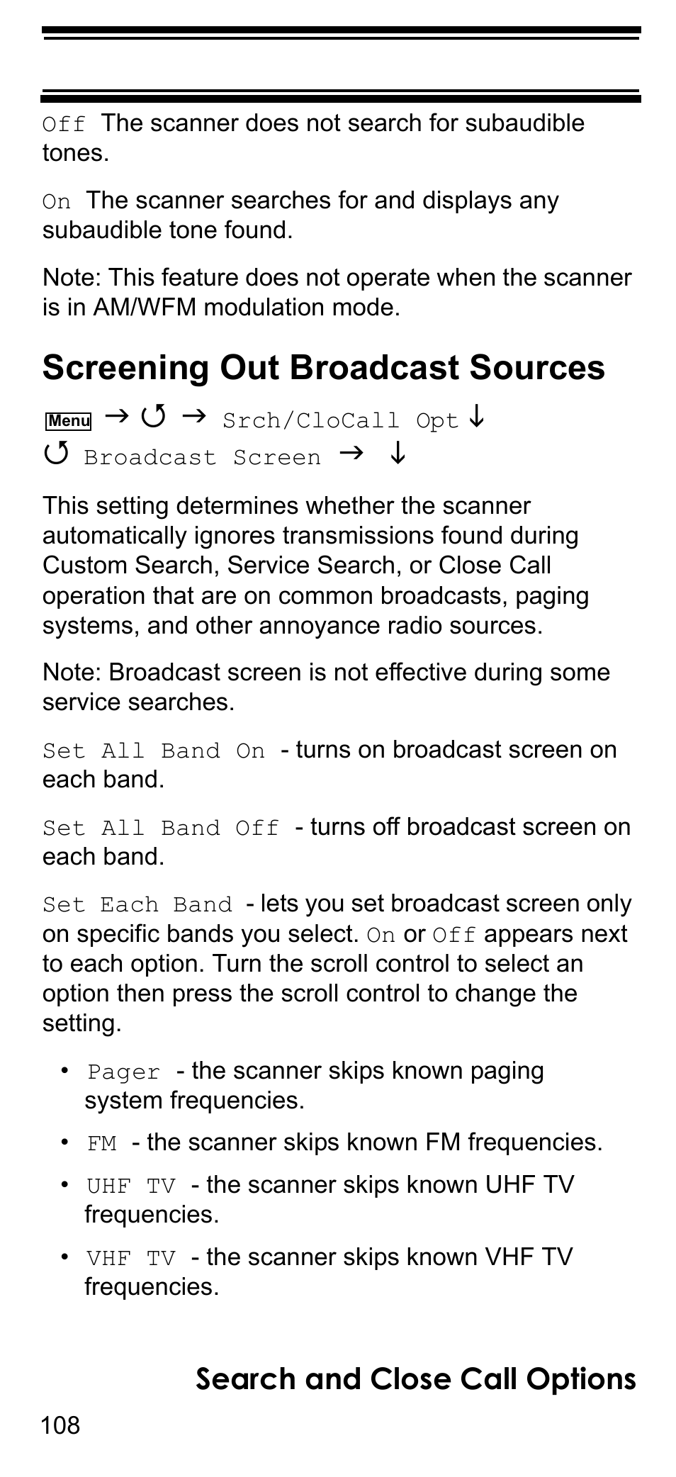 Screening out broadcast sources, Search and close call options | Uniden BCD396T User Manual | Page 108 / 154