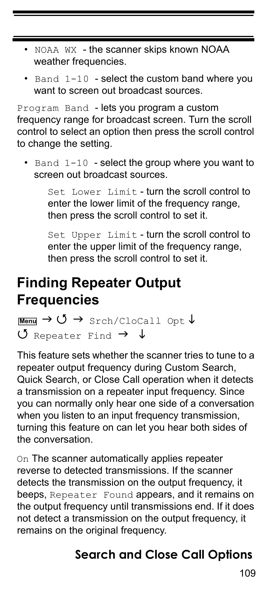 Finding repeater output frequencies, Search and close call options | Uniden BCD396T User Manual | Page 109 / 154