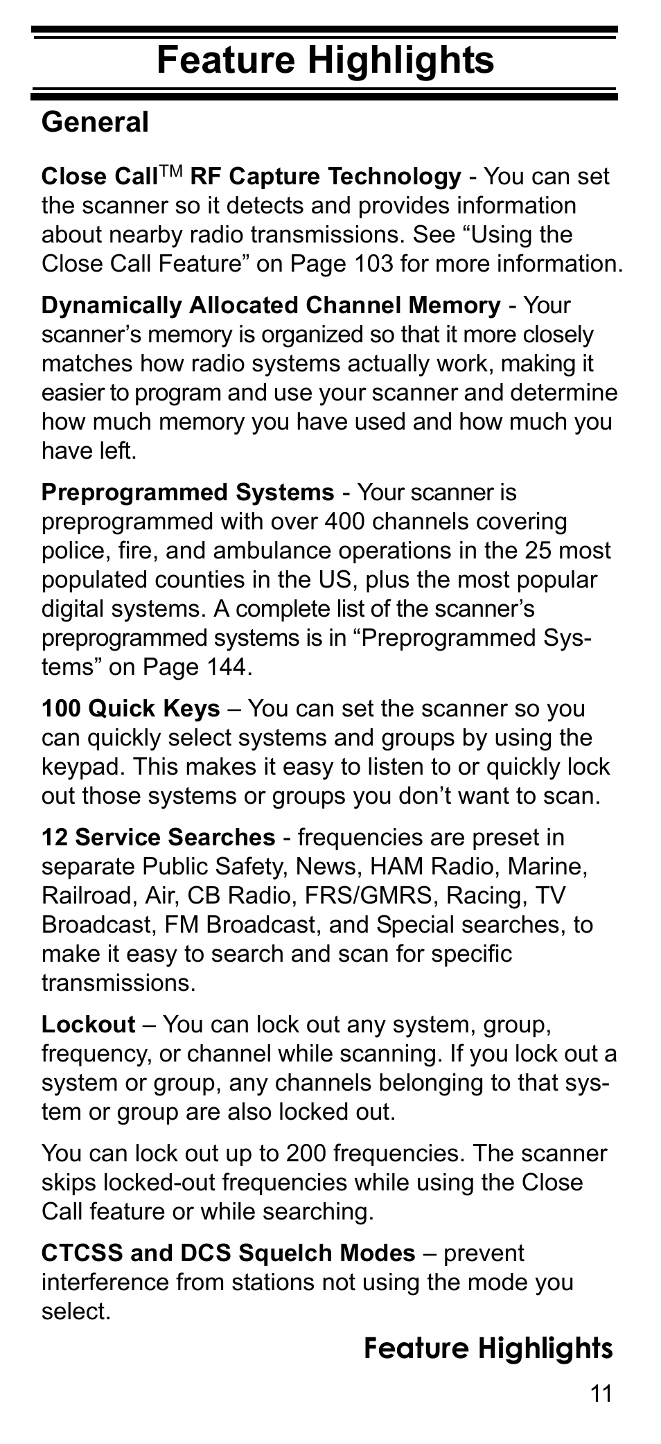 Feature highlights, General | Uniden BCD396T User Manual | Page 11 / 154