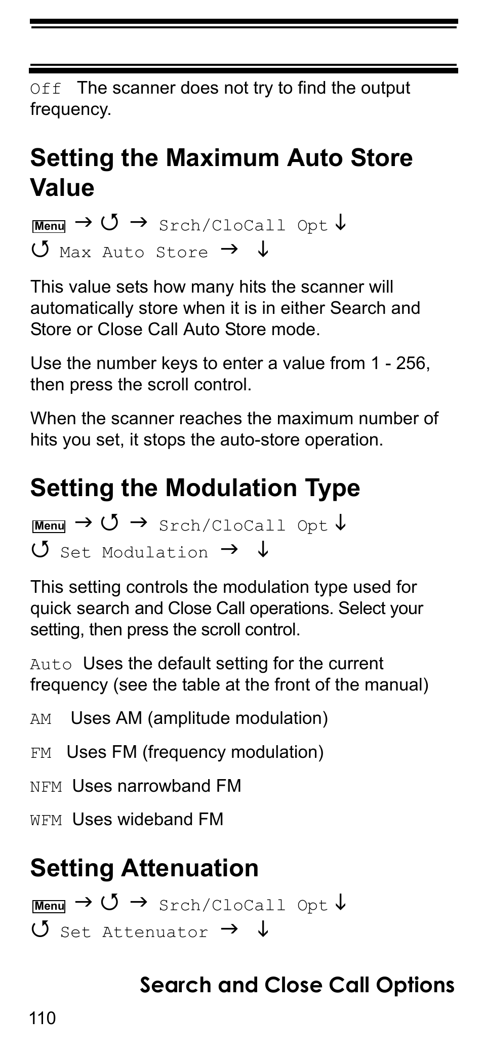 Setting the maximum auto store value, Setting the modulation type, Setting attenuation | Search and close call options | Uniden BCD396T User Manual | Page 110 / 154