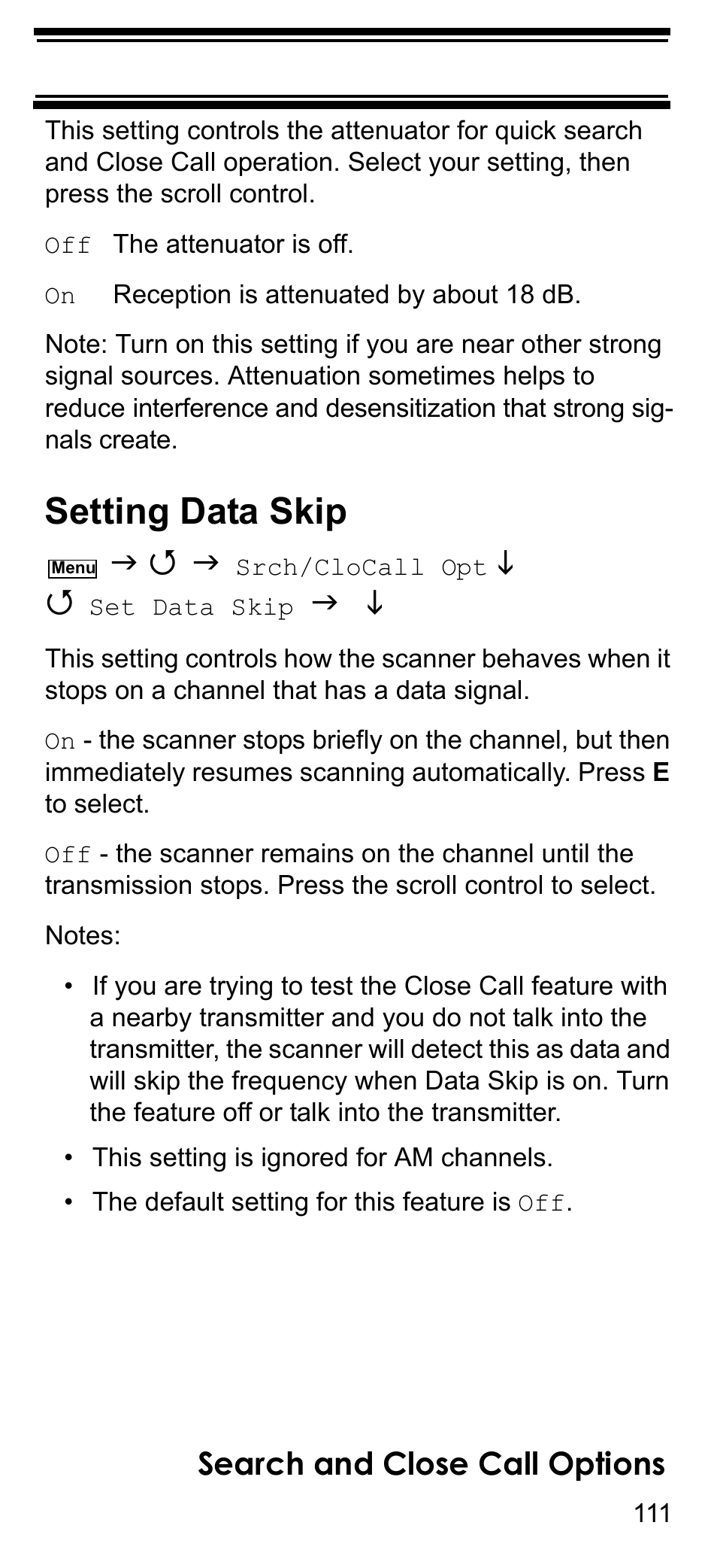 Setting data skip, Search and close call options | Uniden BCD396T User Manual | Page 111 / 154