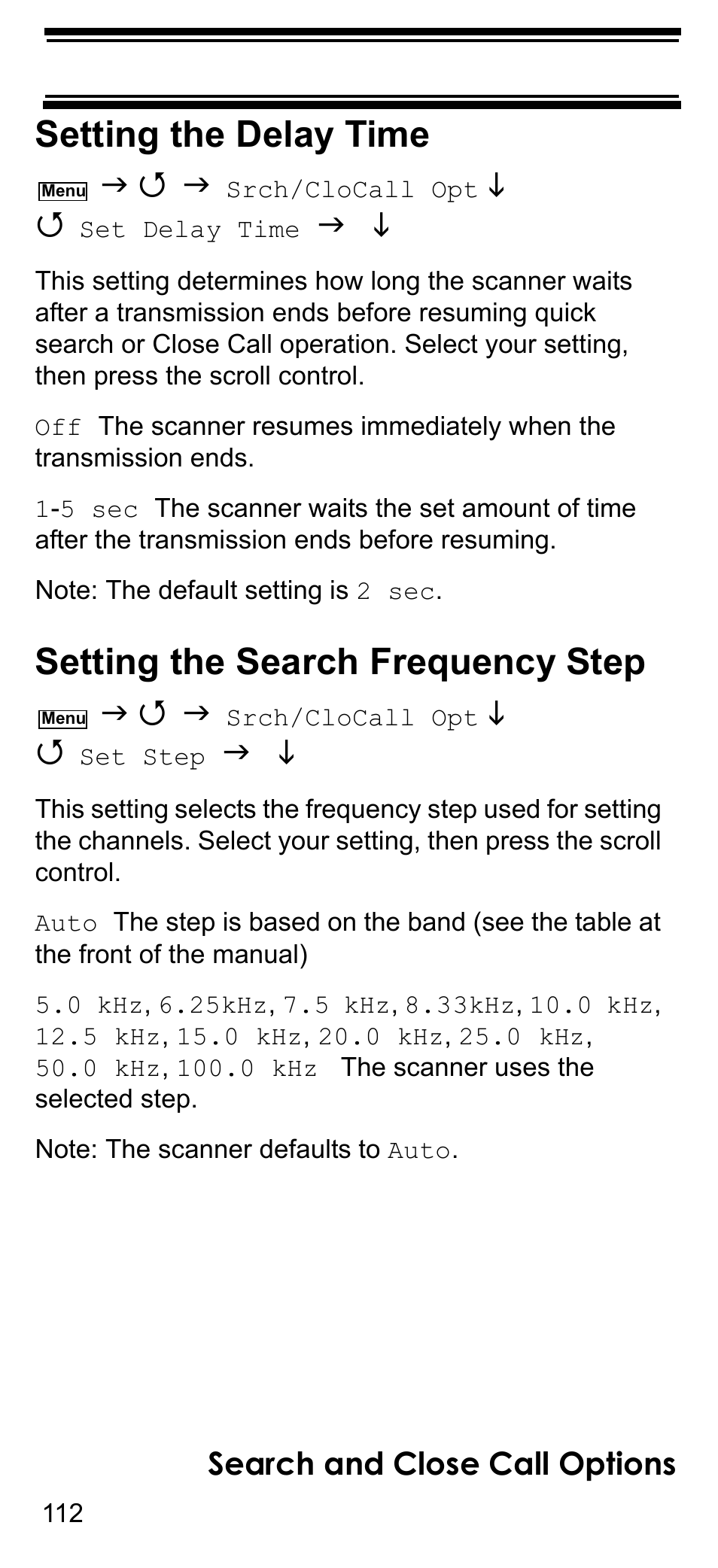 Setting the delay time, Setting the search frequency step, Search and close call options | Uniden BCD396T User Manual | Page 112 / 154