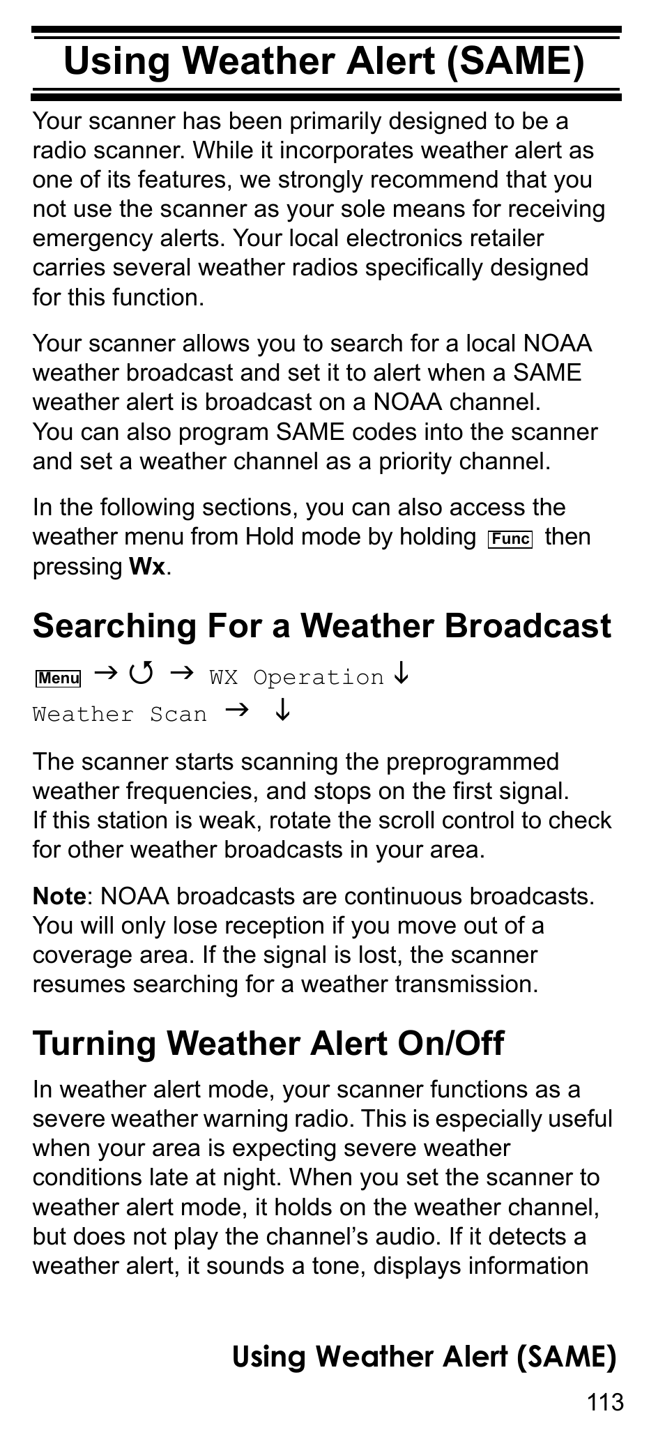 Using weather alert (same), Searching for a weather broadcast, Turning weather alert on/off | Uniden BCD396T User Manual | Page 113 / 154