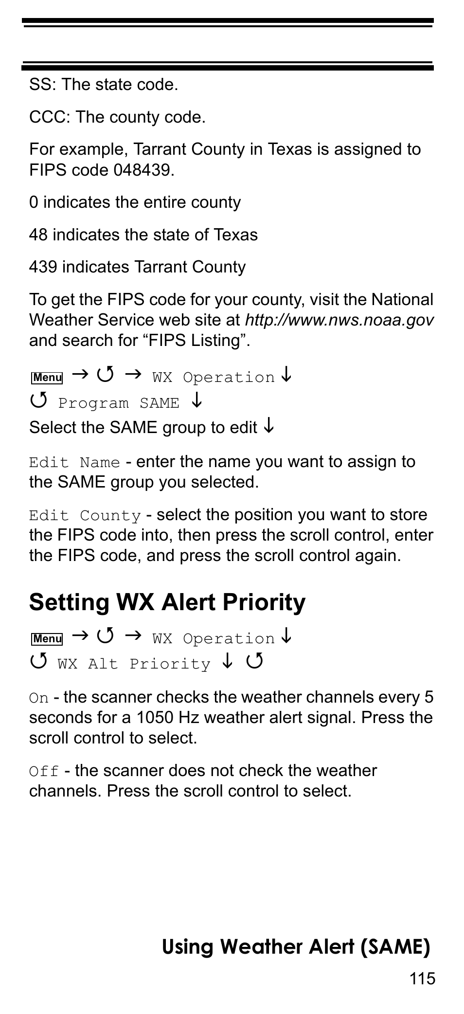 Setting wx alert priority, Using weather alert (same) | Uniden BCD396T User Manual | Page 115 / 154